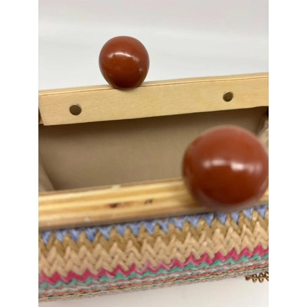 Bohemian Woven Chevron Clutch Multi-Color Wood Frame Ball Clasp Chic